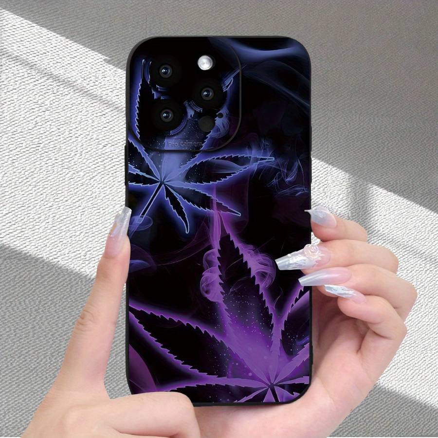 1Pc Black For iPhone 16 Pro Purple Leaf Smoke Pattern Phone Case