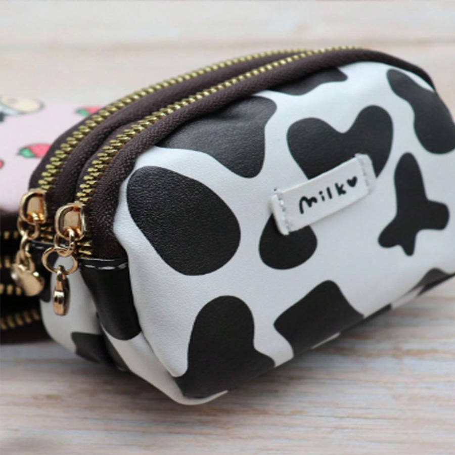 Cow Print Double Zipper Large Capacity Walletdurable Polyester Coin Purse With Multiple Compa