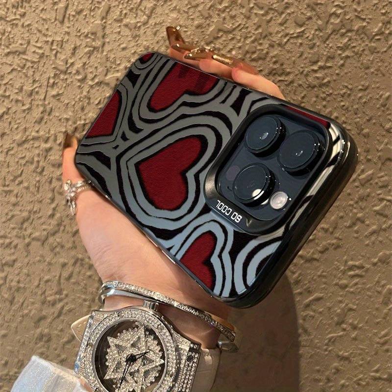 1Pc Black For iPhone 16 Pro Max Laser Striped Heart Phone Case
