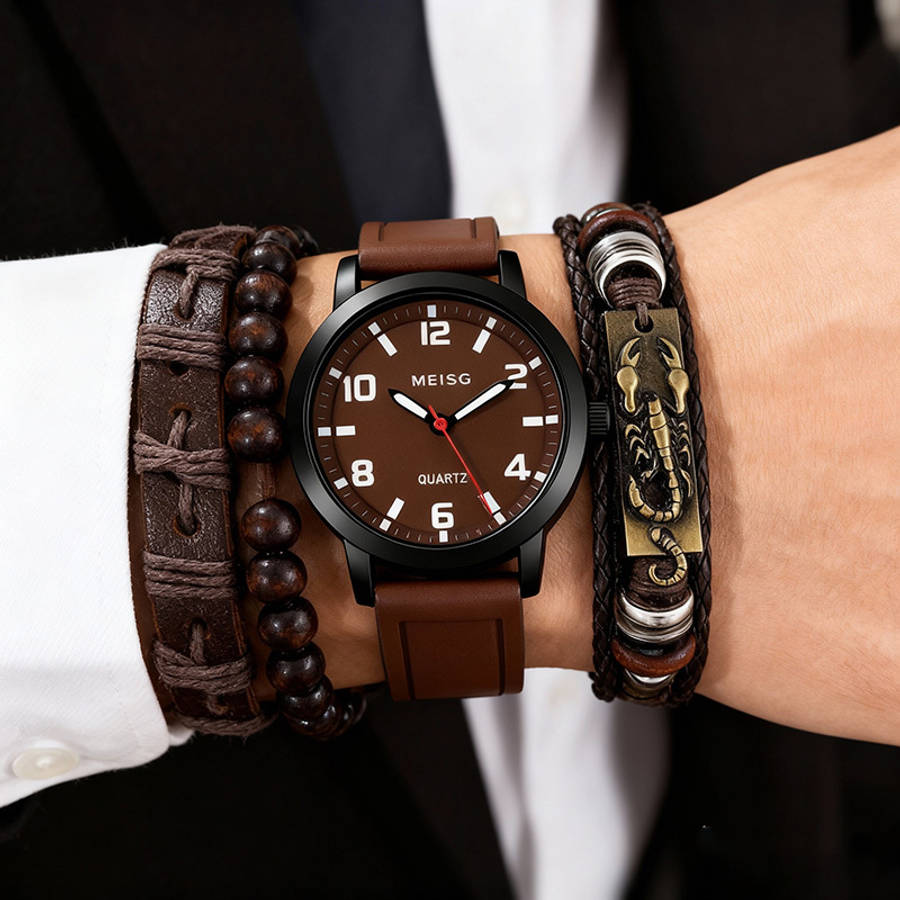4Pcs Men Elegant Quartz Watch And Bracelet Set Fashionable Brown With