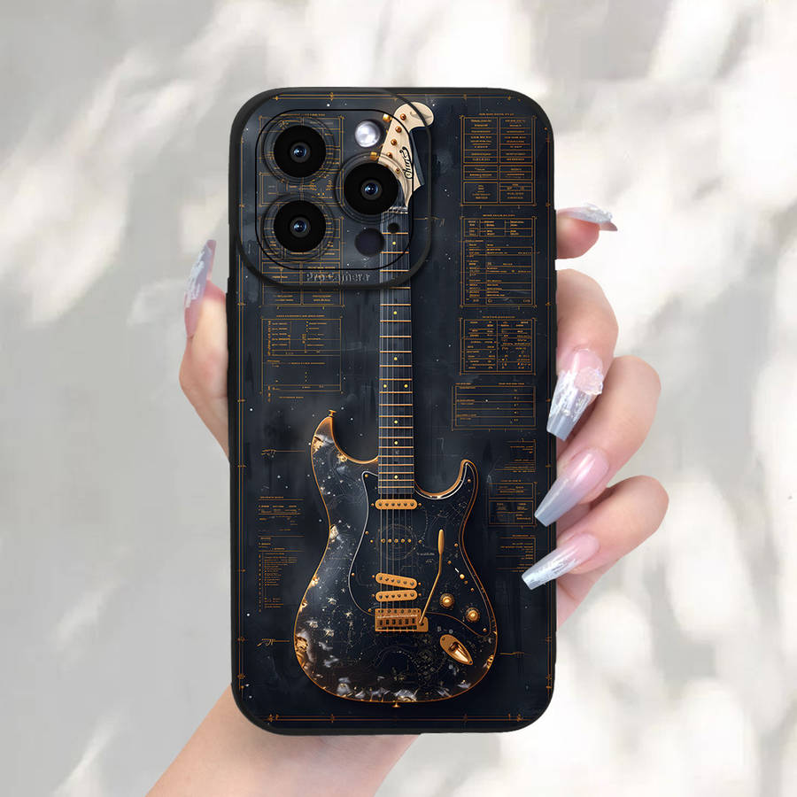 1Pc Black For iPhone 15 Plus Guitar Pattern Phone Case