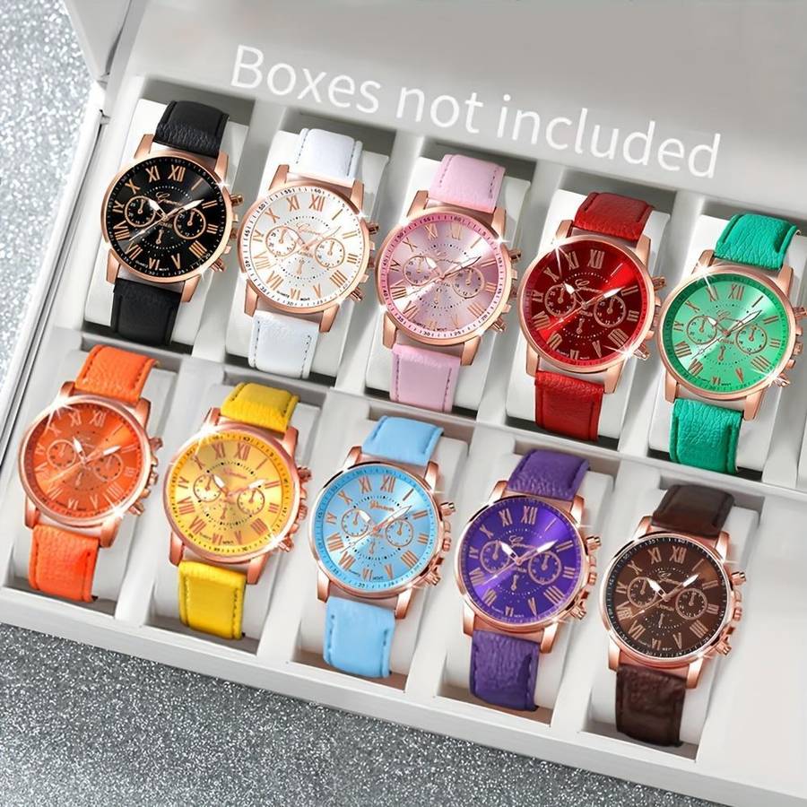 10Pcs Quartz Wrist Watch Set Round Case Fashionable For Men And