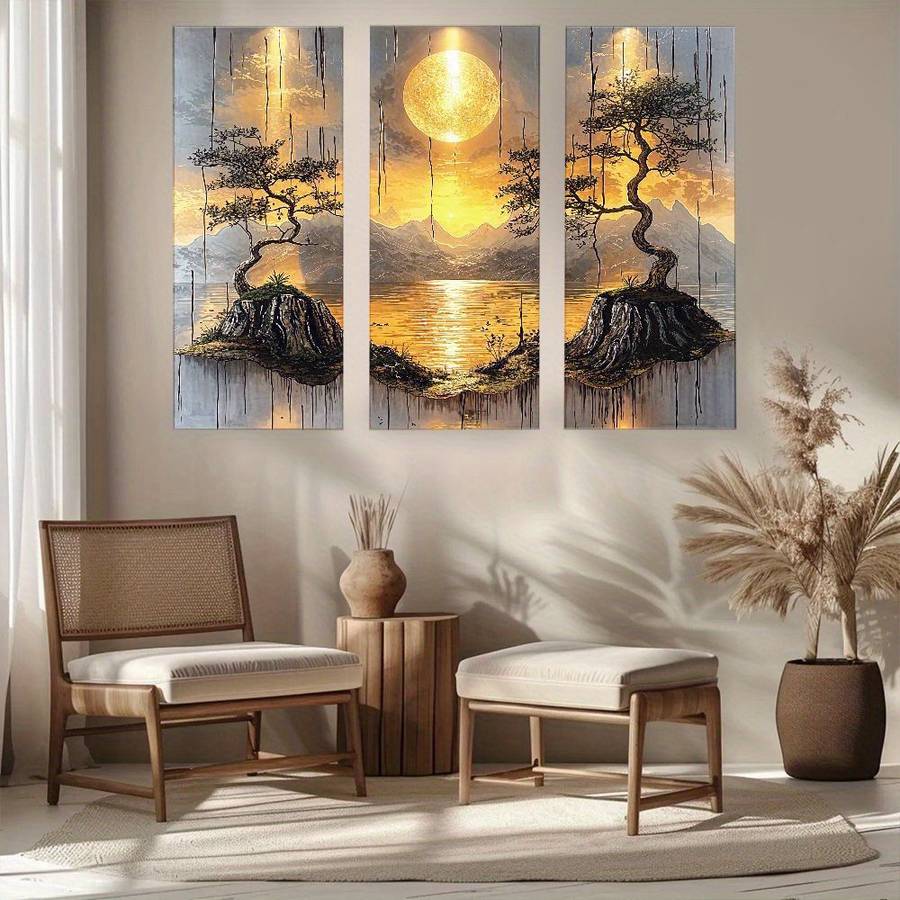 3Pcs Classic Leaflure Bonsai Tree Wall Art Golden Sun Mountain Living Room