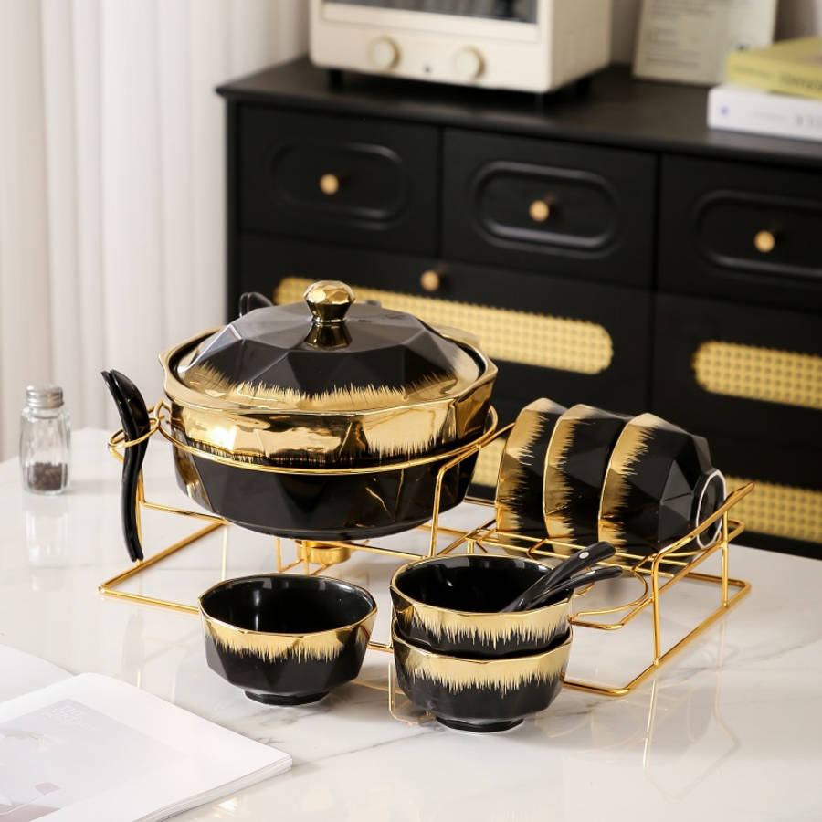 Bowl Color White 1 Soup Pot  1 Iron Rack  6 Bowls  7 Spoons