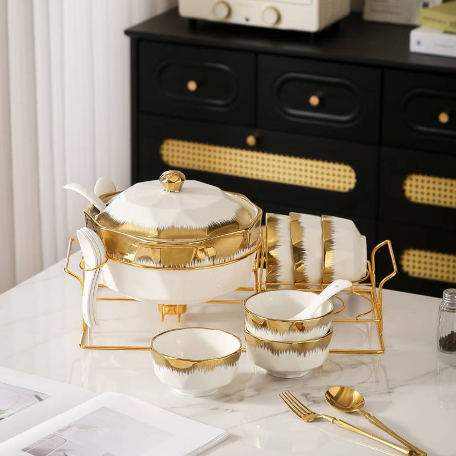 Bowl Color White 1 Soup Pot  1 Iron Rack  6 Bowls  7 Spoons