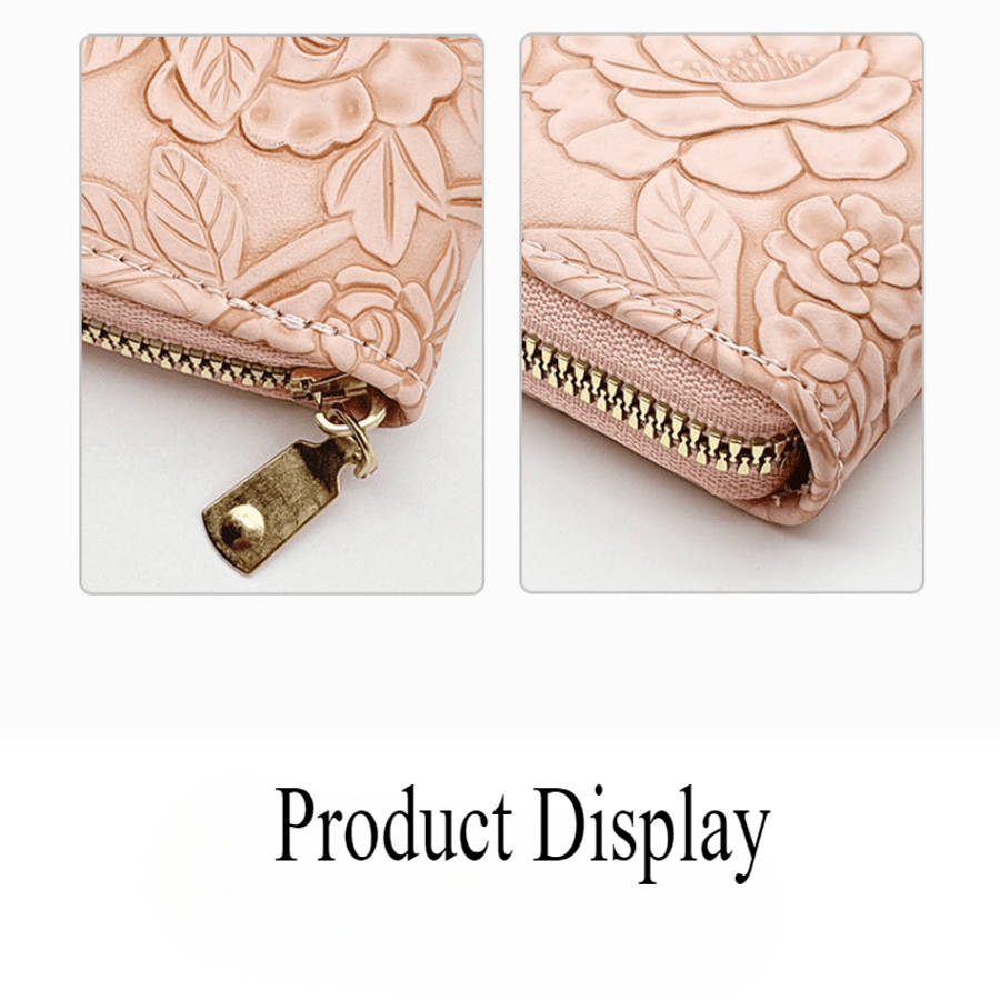 Women'S Pink Embossed Floral Zipper Walletlarge Capacity Card Holder With Chain Strap Elega