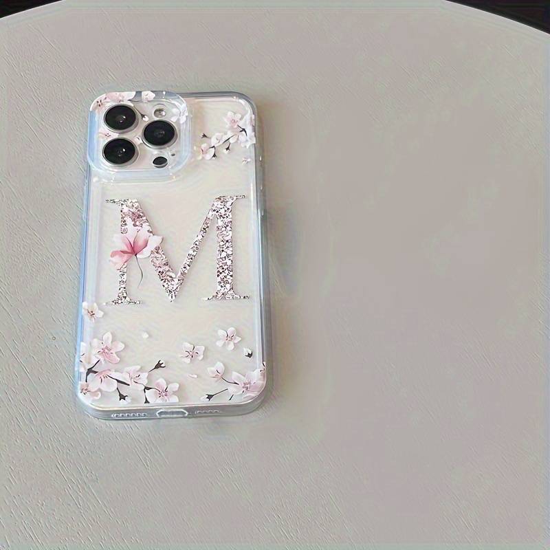1Pc Transparent For iPhone 14 Pro Max Floral Letter M Pattern Phone Case