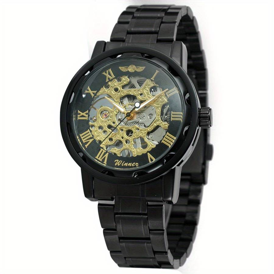 Modern Mens Mechanical Watch Skeleton Dial Full Black Dial Alloy Case
