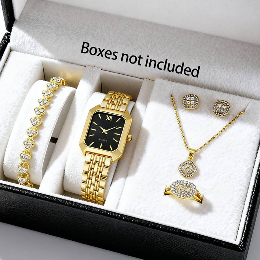 6Pcs Classic Charming Women Quartz Watch Jewelry Rhinestone Square Black