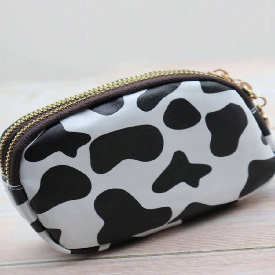 Cow Print Double Zipper Large Capacity Walletdurable Polyester Coin Purse With Multiple Compa