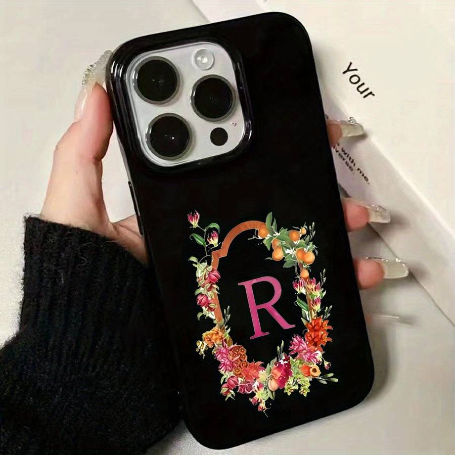 1Pc Black For iPhone 16 Pro Floral Letter R Design Phone Case