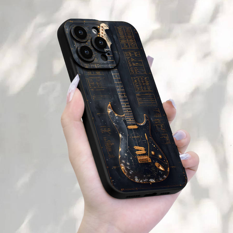 1Pc Black For iPhone 15 Plus Guitar Pattern Phone Case