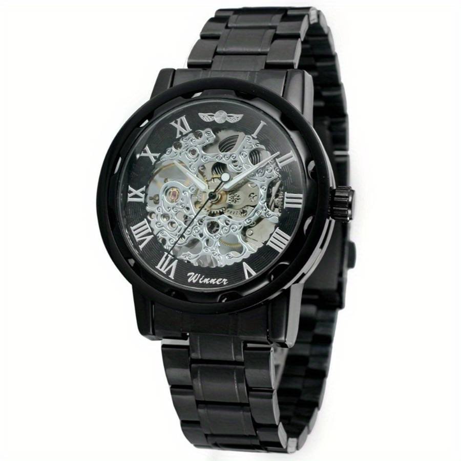 Modern Mens Mechanical Watch Skeleton Dial Full Black Dial Alloy Case