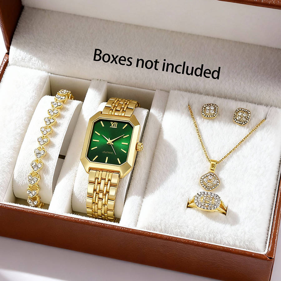 6Pcs Classic Charming Women Quartz Watch Jewelry Rhinestone Square Black