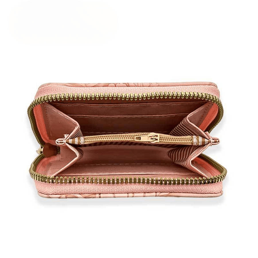Women'S Pink Embossed Floral Zipper Walletlarge Capacity Card Holder With Chain Strap Elega