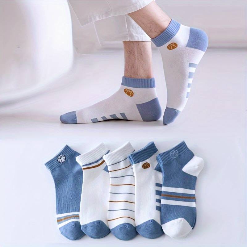 5 Pairs Blue And White Contrast One Size High Elastic Socks