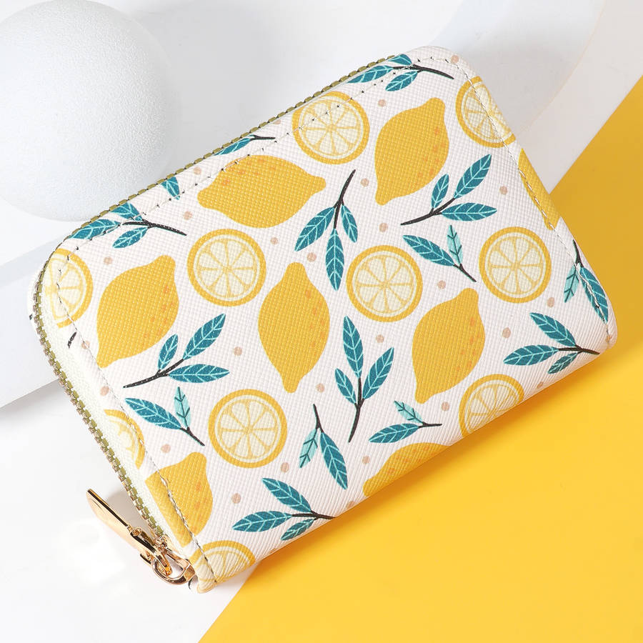 1pc Women'S Chic Lemon Leaf Print WalletCompact Zipper Coin Purse with Card Slots Stylish Whi