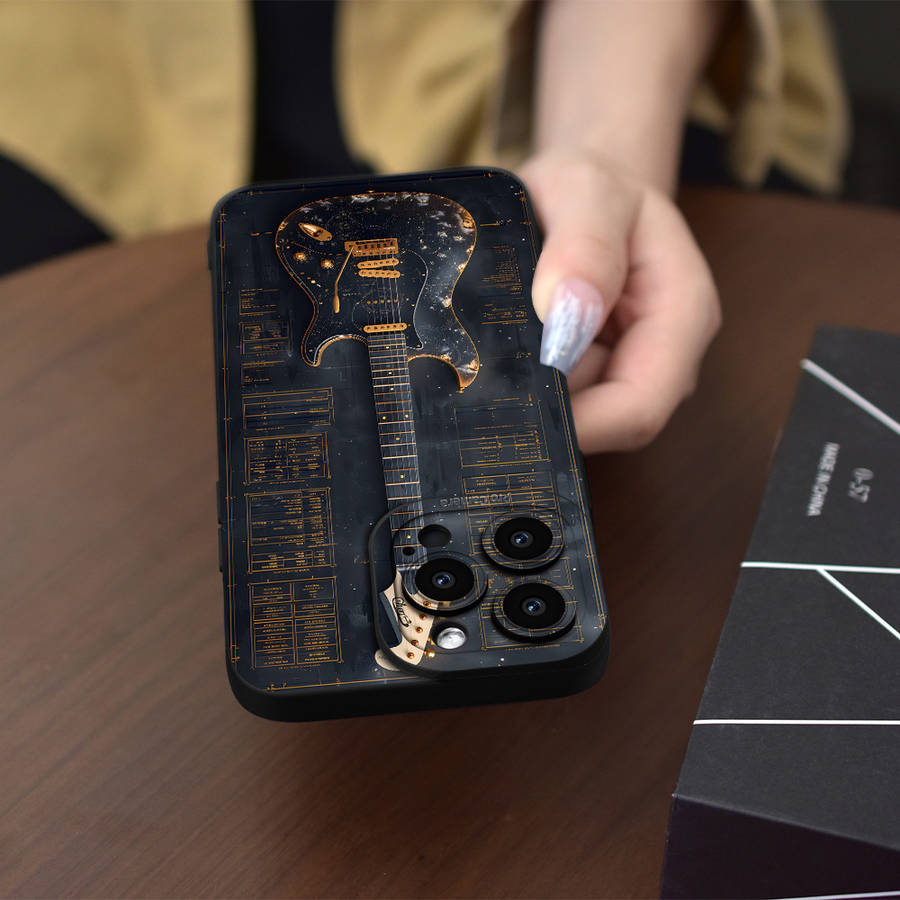 1Pc Black For iPhone 15 Plus Guitar Pattern Phone Case