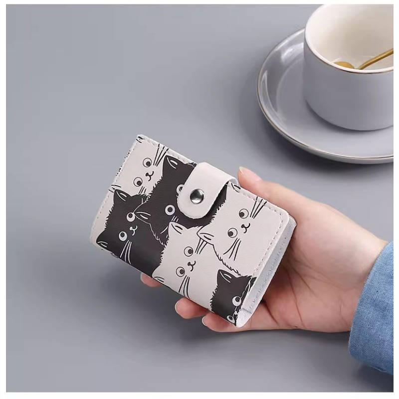 1pc Cute Black and White Cat Card Holder Ultra-Thin Faux Leather Large Capacity Anti-Degaussing