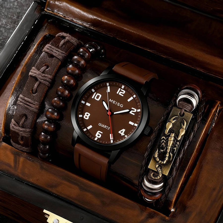 4Pcs Men Elegant Quartz Watch And Bracelet Set Fashionable Brown With