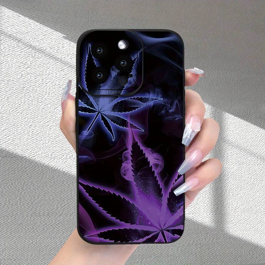 1Pc Black For iPhone 16 Pro Purple Leaf Smoke Pattern Phone Case
