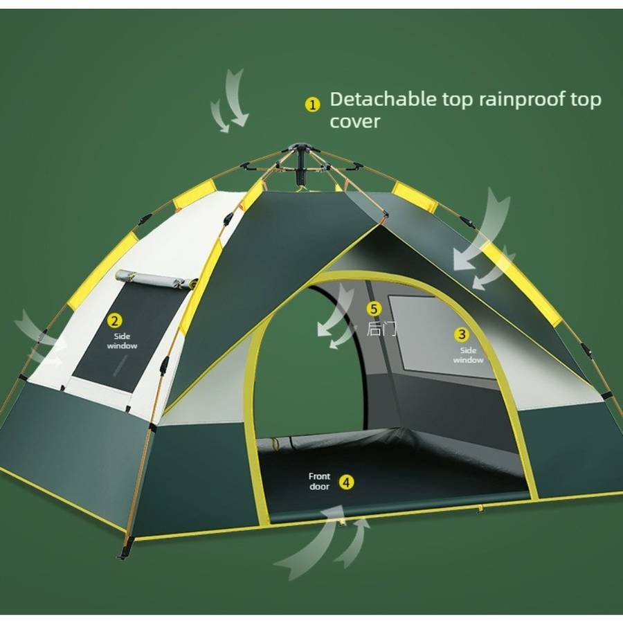 Durable Large Space Camping Tent Green Pvc Polyester Fiber Double Door Zipper