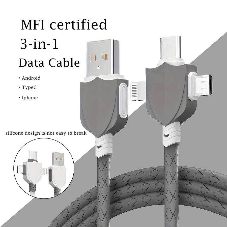 1pc Shield Silicone Data Cable 3-1 Mfi Certification Compatible with Multiple Devices Not Easy