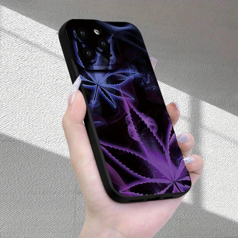 1Pc Black For iPhone 16 Pro Purple Leaf Smoke Pattern Phone Case