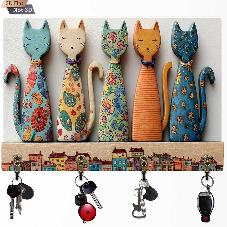 A 2D Wooden Key Holder Featuring A Colorful Cat Design material Wooden