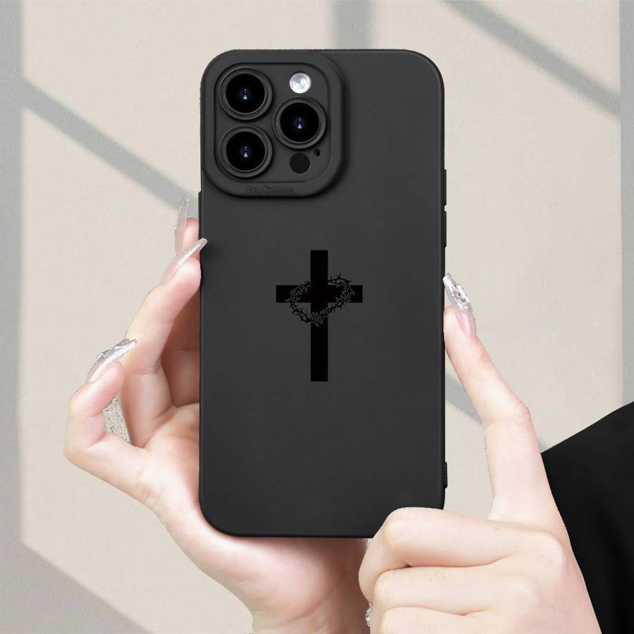 1Pc Black For iPhone 14 Pro Max Cross Garlands Pattern Phone Case