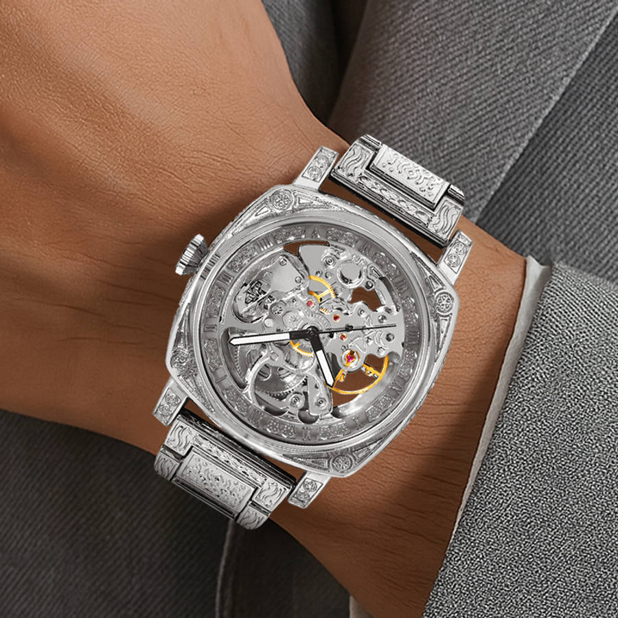 Men Silvery Steel Strap Vintage Style Exquisite Ancient Roman Fully