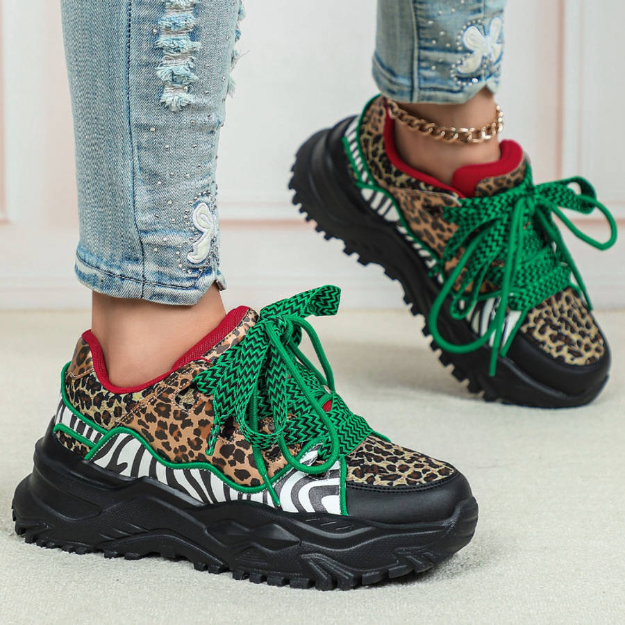 Women S Sneakers Color Leopard Print On Green And Black Base Sizeuk 4