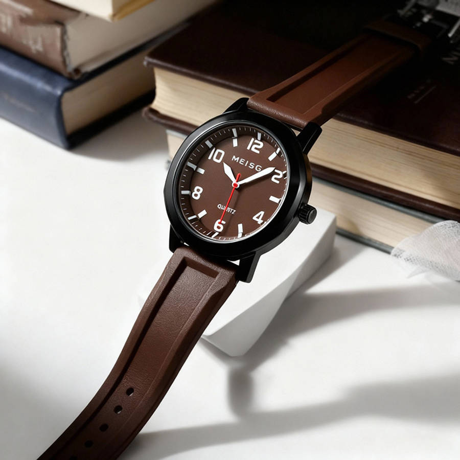 4Pcs Men Elegant Quartz Watch And Bracelet Set Fashionable Brown With