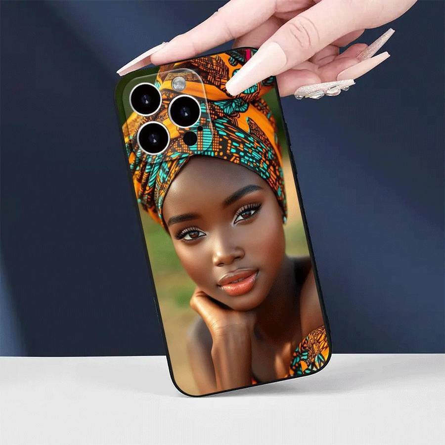 1Pc Black For iPhone 12 African Woman Headwrap Mobile Phone Case