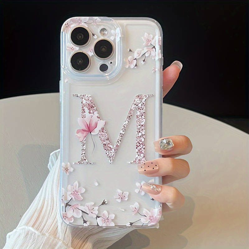 1Pc Transparent For iPhone 14 Pro Max Floral Letter M Pattern Phone Case
