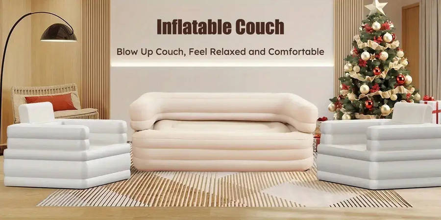 3 In 1 Inflatable Sofa Bed Heavy Duty Beige Air Mattress Quick Setup 3 Minute