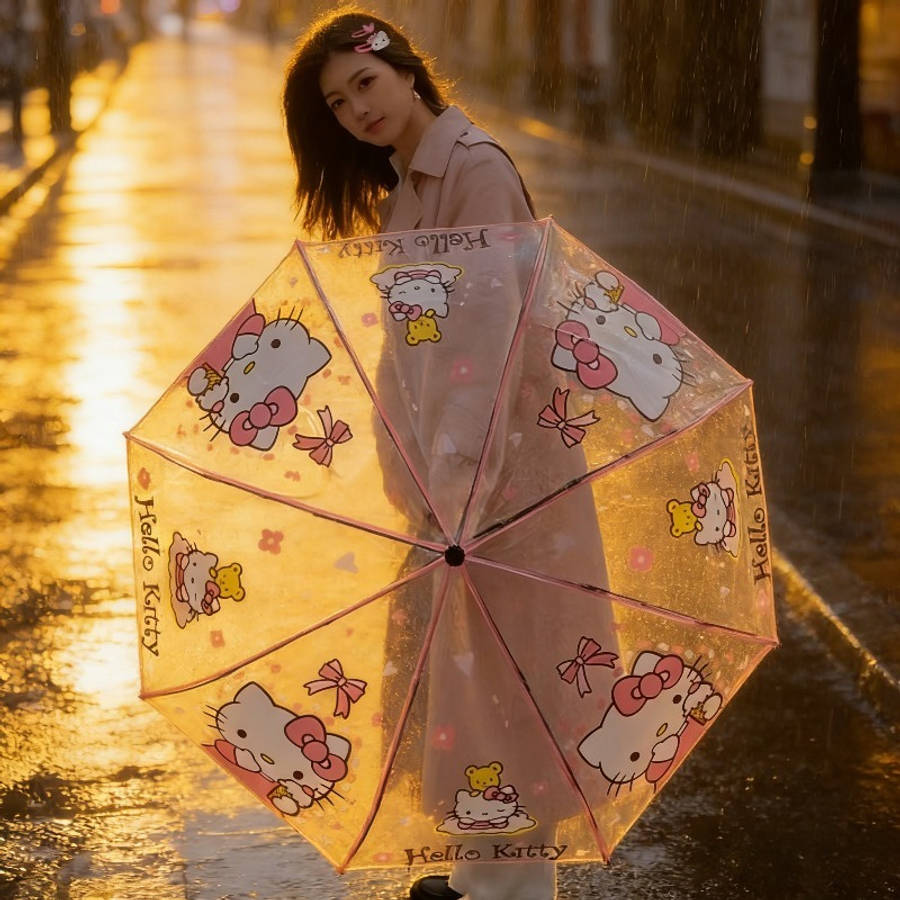 Umbrella Color Kt Cat Pink Edge Transparent Automatic Umbrella