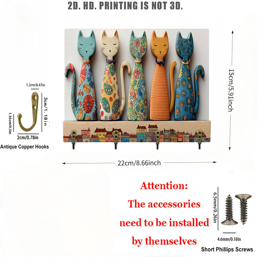 A 2D Wooden Key Holder Featuring A Colorful Cat Design material Wooden