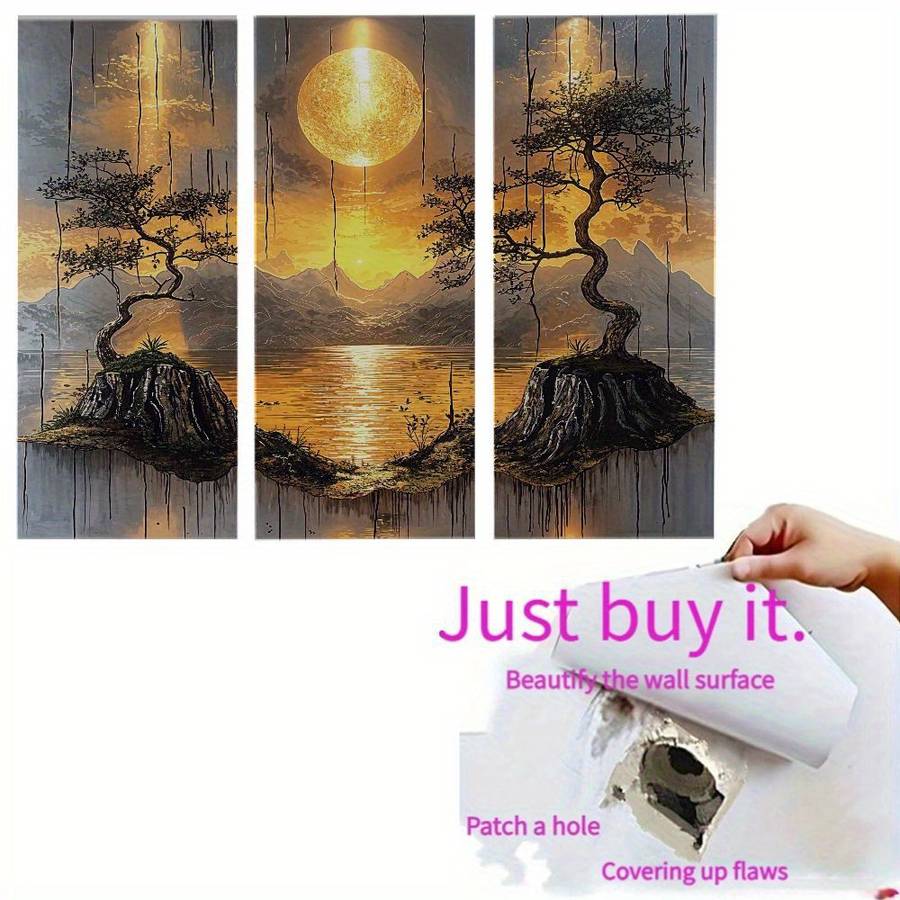 3Pcs Classic Leaflure Bonsai Tree Wall Art Golden Sun Mountain Living Room