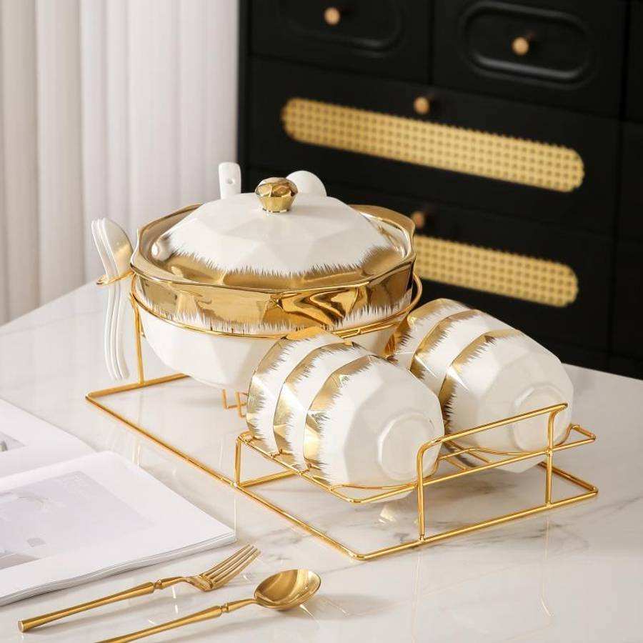 Bowl Color White 1 Soup Pot  1 Iron Rack  6 Bowls  7 Spoons