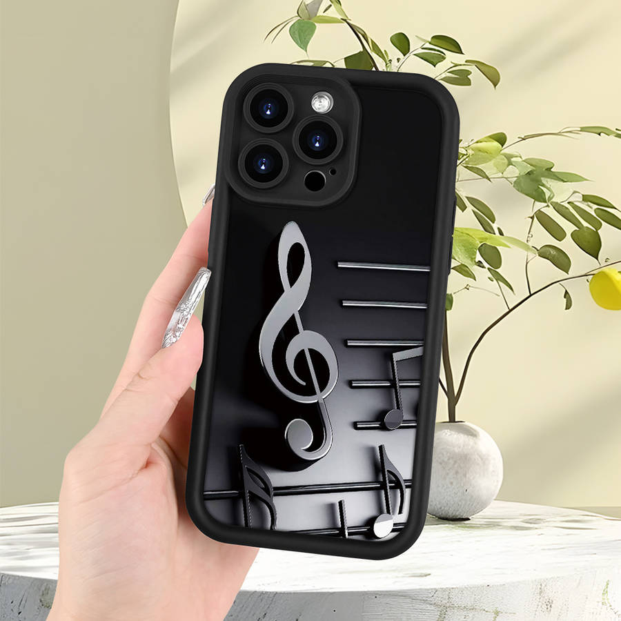 1Pc Black For iPhone 16 Pro Max Musical Note Pattern Phone Case