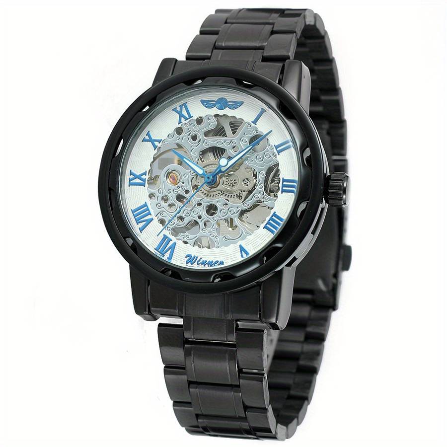 Modern Mens Mechanical Watch Skeleton Dial Full Black Dial Alloy Case