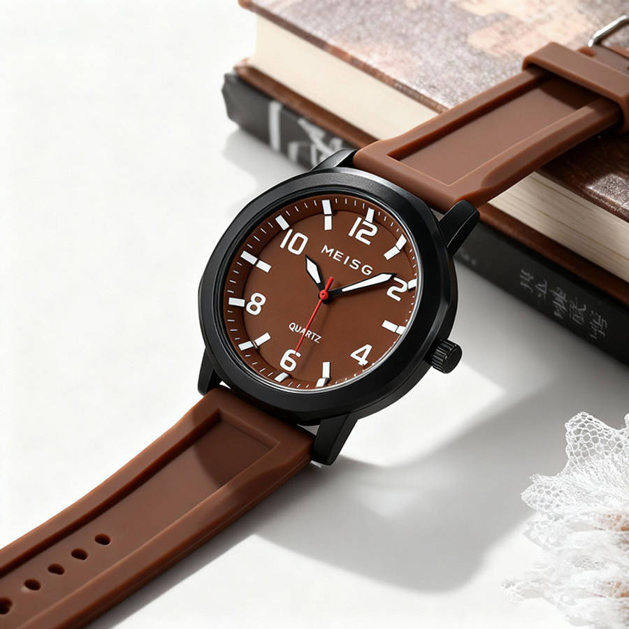 4Pcs Men Elegant Quartz Watch And Bracelet Set Fashionable Brown With