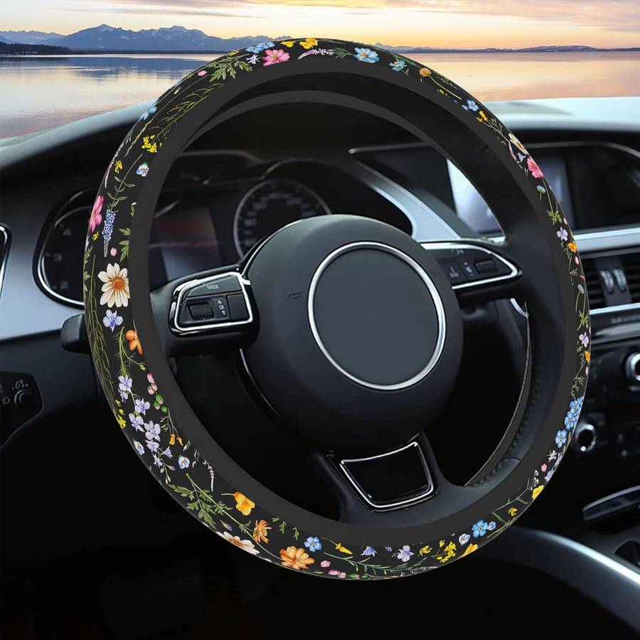 Car Steering Wheel Cover Multicolor Wildflowers Without Inner Circle Size 38Cm