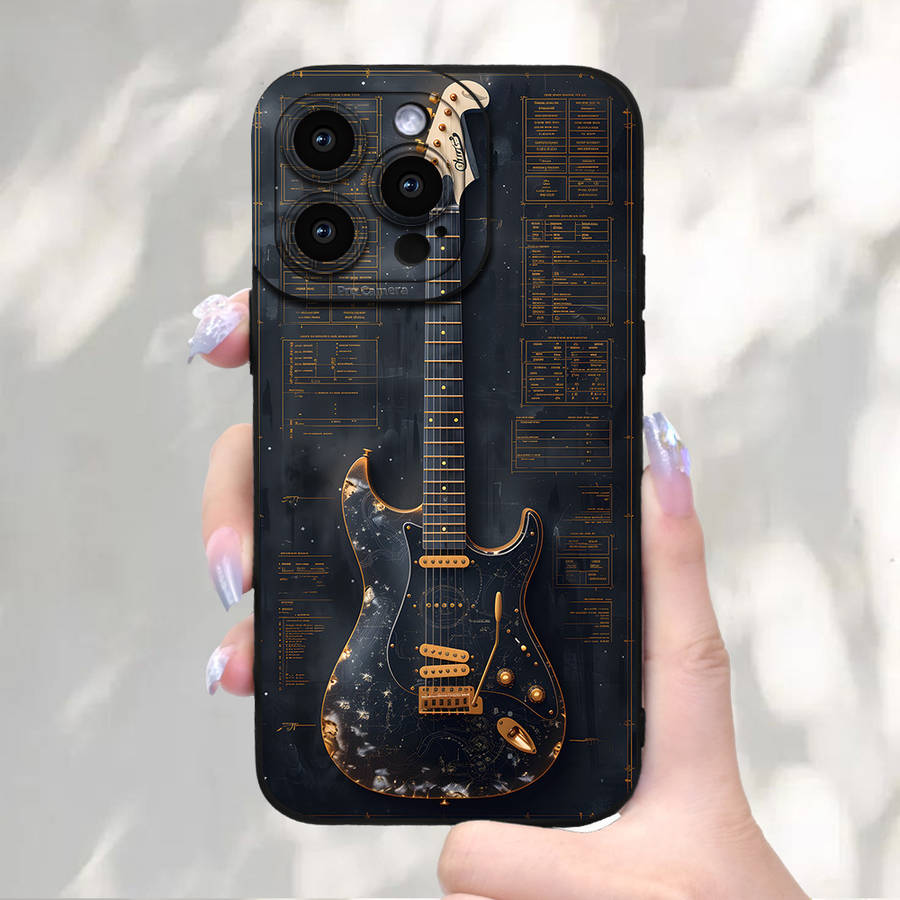 1Pc Black For iPhone 15 Plus Guitar Pattern Phone Case