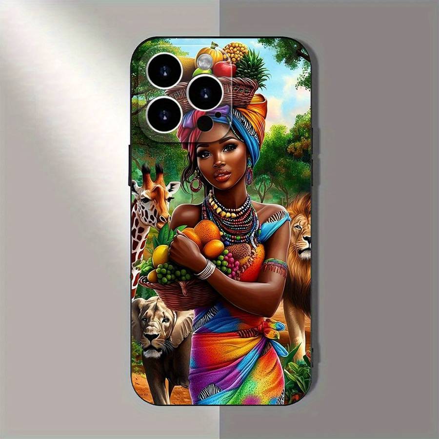 1Pc Black For iPhone 16 Pro Max Stylish African Lady TPU Phone Case