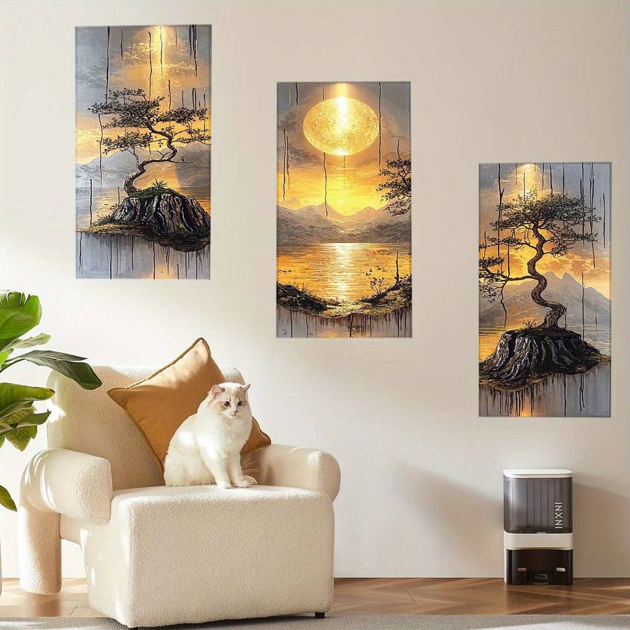 3Pcs Classic Leaflure Bonsai Tree Wall Art Golden Sun Mountain Living Room