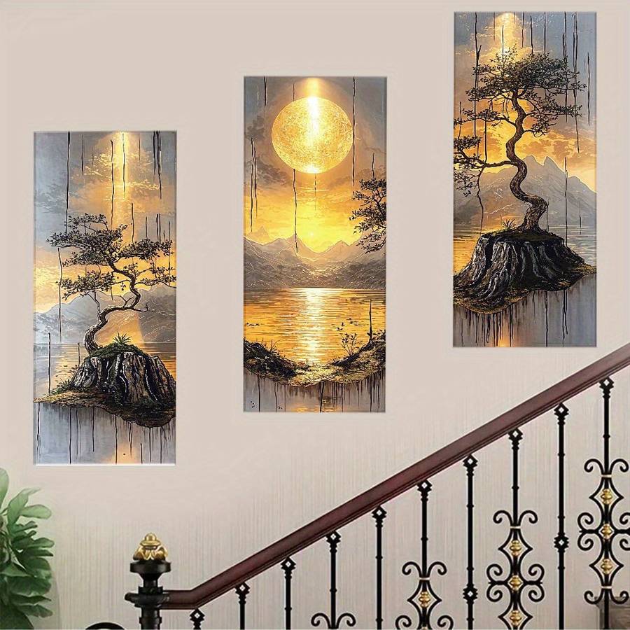 3Pcs Classic Leaflure Bonsai Tree Wall Art Golden Sun Mountain Living Room