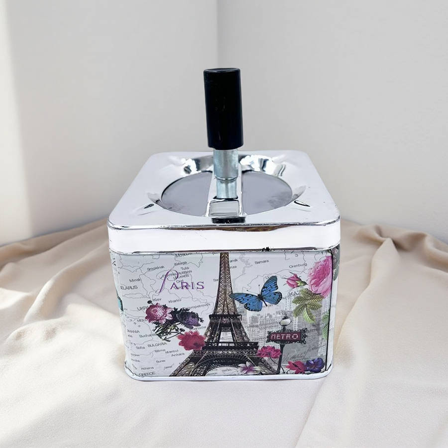 Retro Metal Ashtray With Rotating Lid Windproof Easy Clean Design Parisian