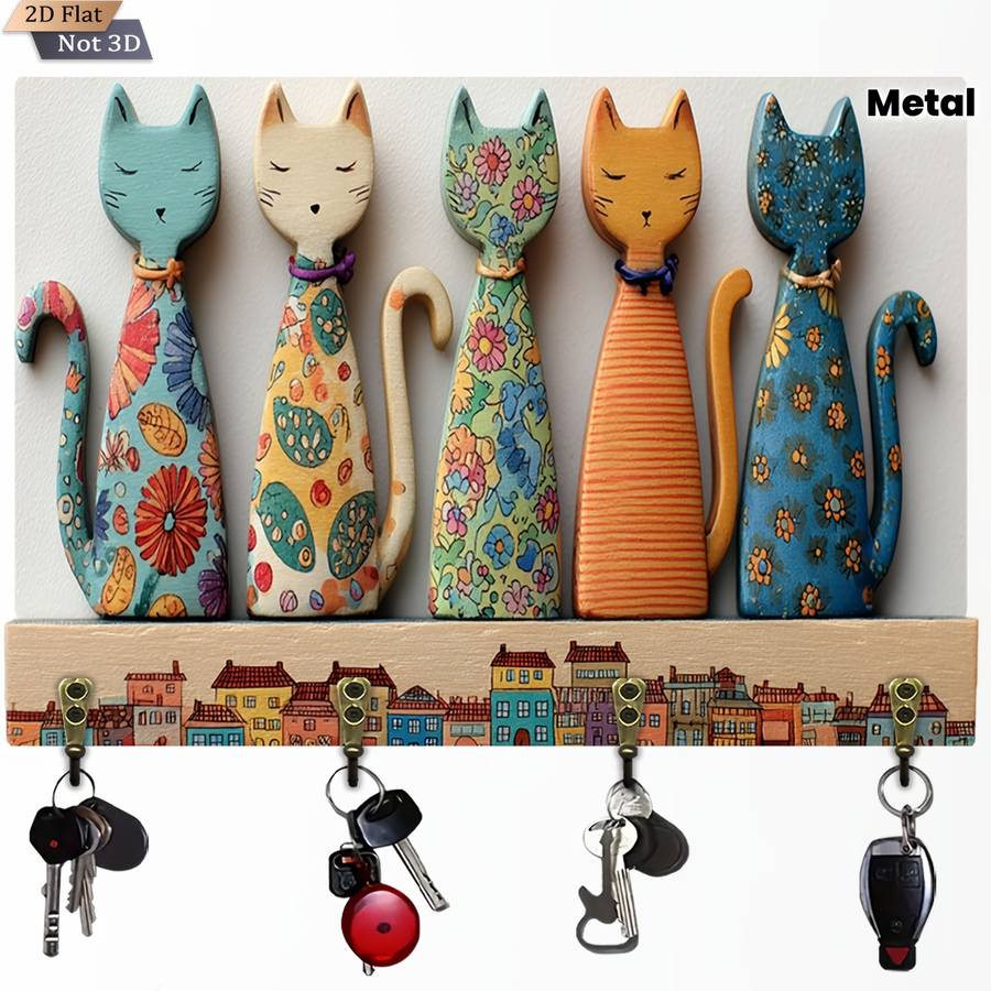 A 2D Wooden Key Holder Featuring A Colorful Cat Design material Wooden